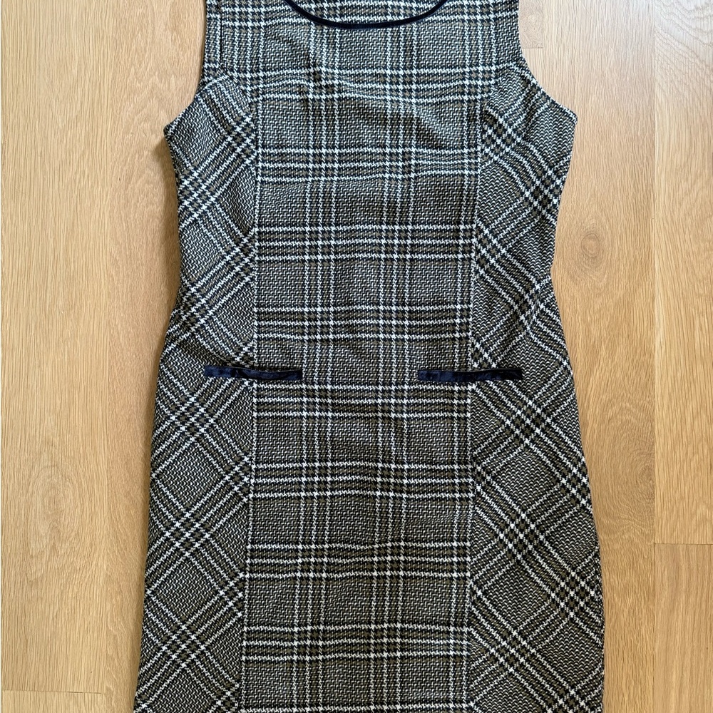 Laura Ashley Size 8 Ladies Dress Tweed Check Velvet Trim Navy Brown Shift Smart